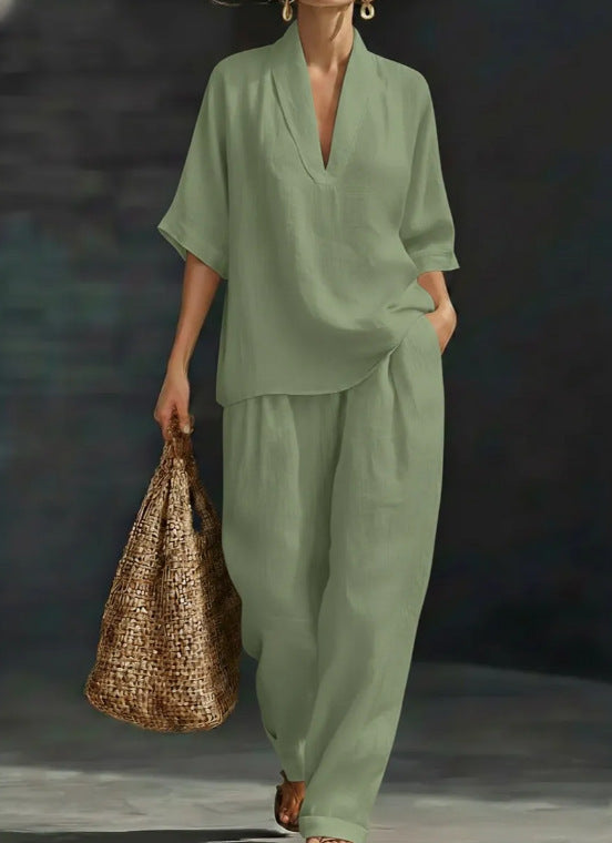 Women's Casual Simple Linen Two-Piece Set NorixaFashion.com