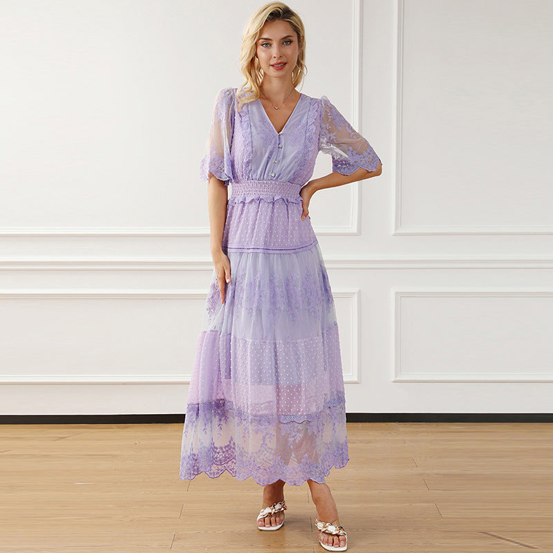 Lace V-neck Patchwork Dress Women NorixaFashion.com