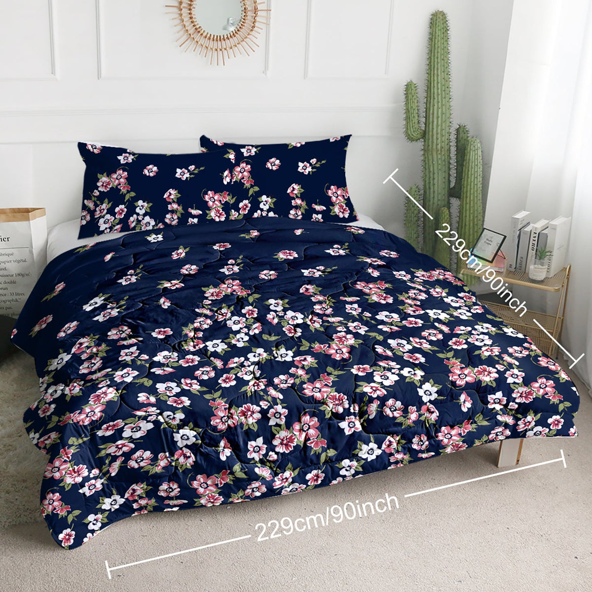 3pc Dark Blue Floral Bedding Comforter Set Including 1 Comforter Set And 2 Pillowcases Suitable For All Seasons PearlNestDecor.com