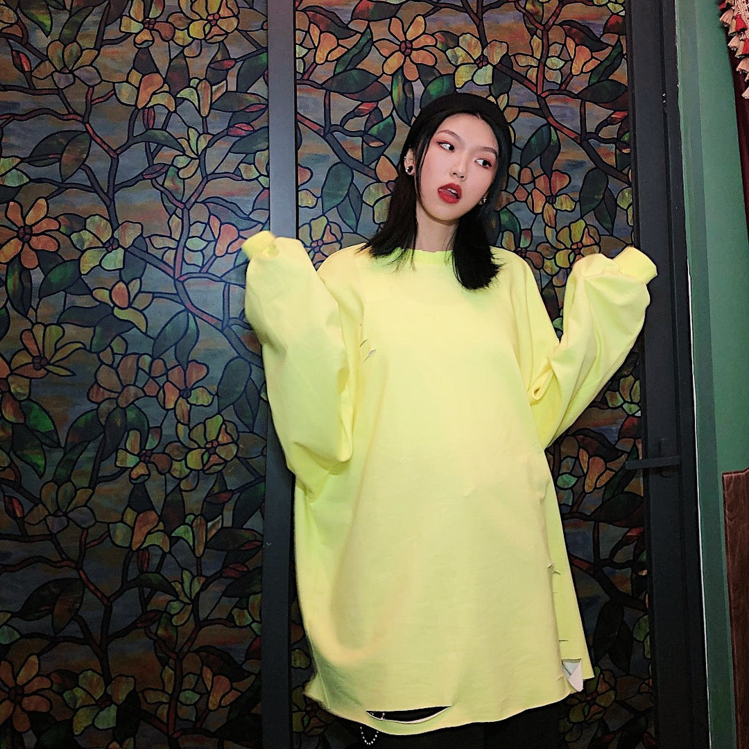 Fluorescent Green Oversized Cutout T-Shirt Sweatshirt Pi-Mart