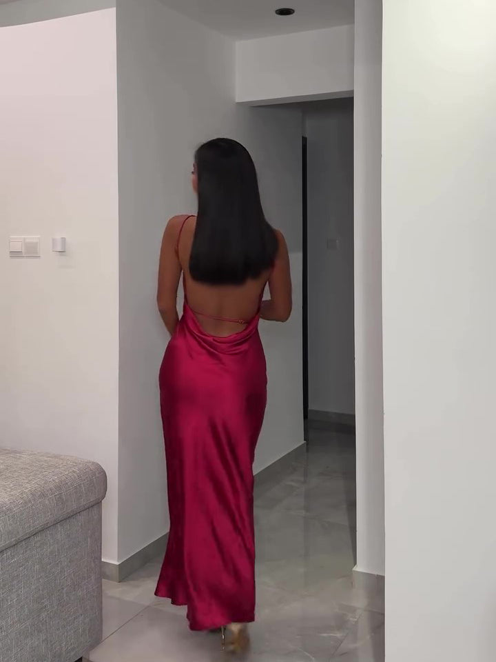 Burgundy Backless Satin Sleeveless Dress NorixaFashion.com