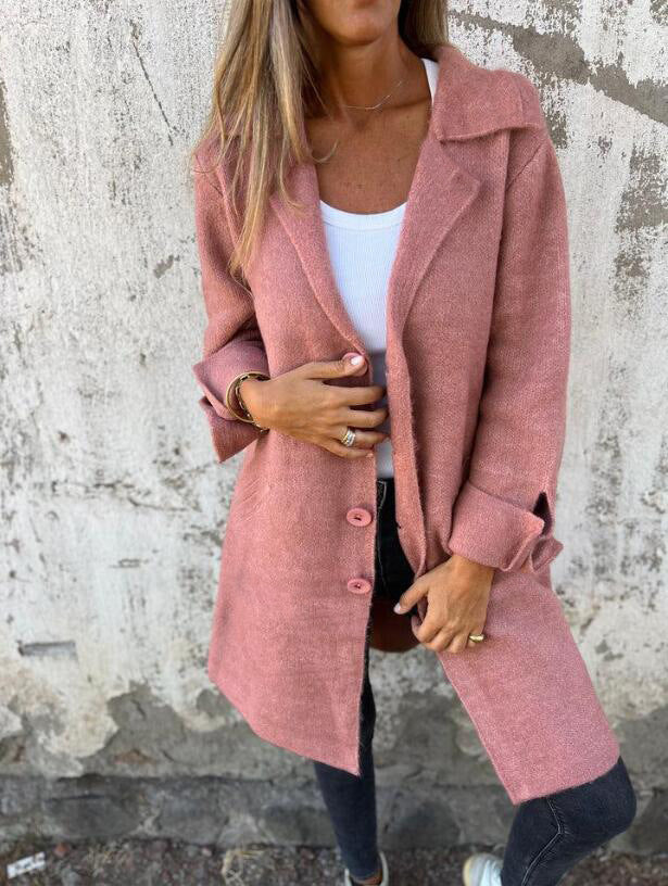 Lapel Single Breasted Cardigan With Pockets Fashion Color Solid Mid-Length Outwear Coat Womens Clothing LadyShow.Store