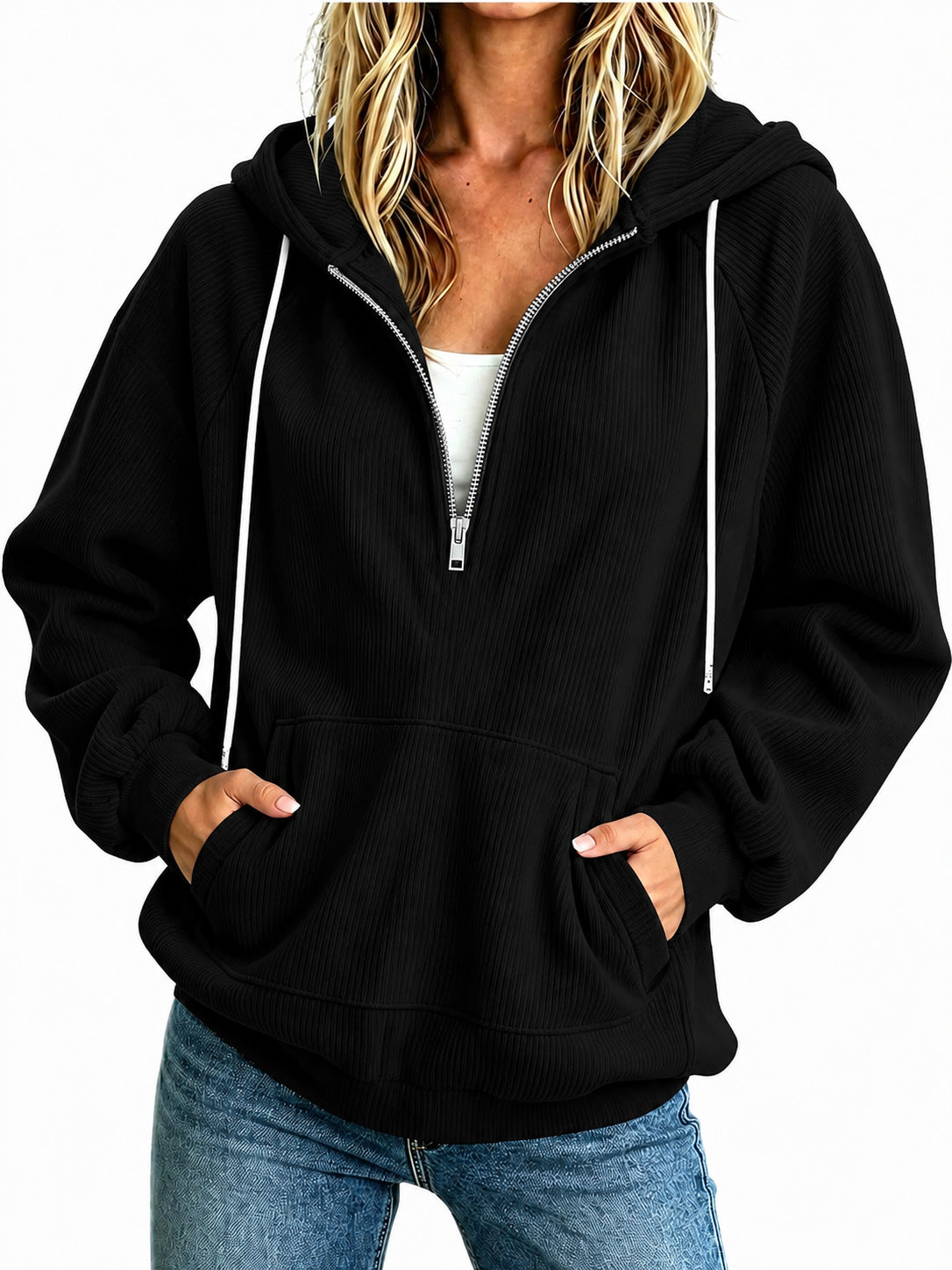 2026 Autumn New European And American Women's Half Zipper Hoodie Loose Long Sleeve Drawstring Casual Top NorixaFashion.com
