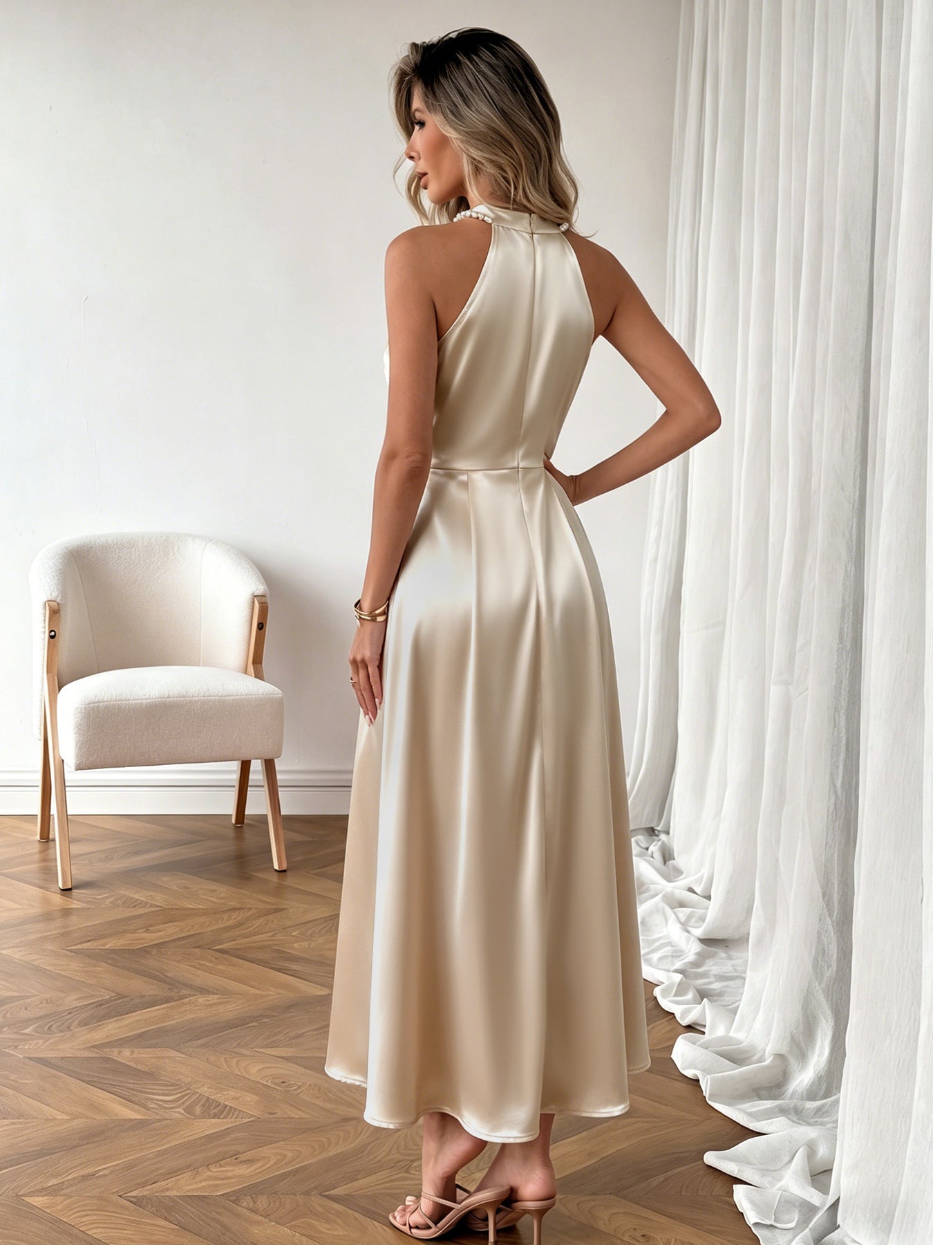 Pearl Halter High Waist Flowy Midi Dress NorixaFashion.com