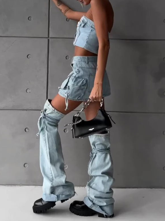 Light Blue Denim Corset Top And Cargo Pant Set With Distressed Details NorixaFashion.com