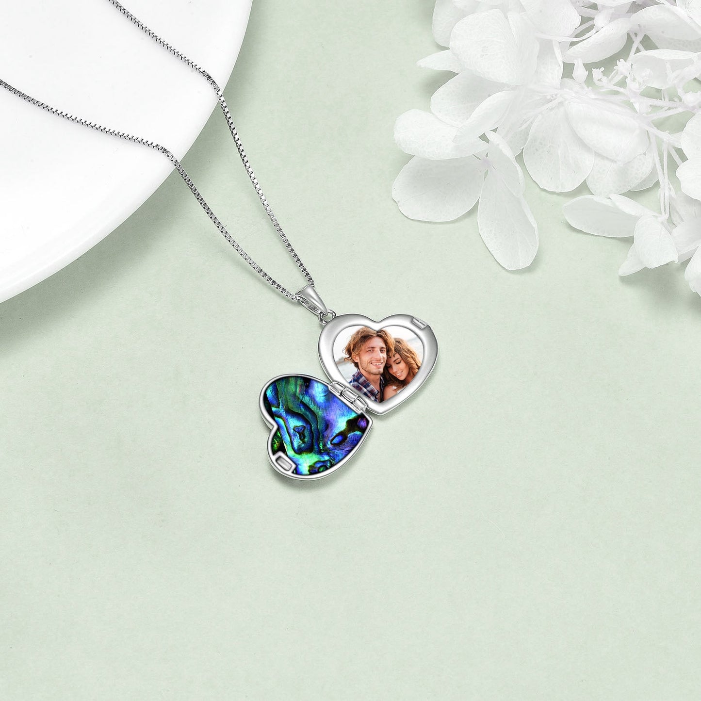 Horse and Girl Abalone Shellfish Heart Sterling Silver Photo Locket Necklace LadyShow.Store