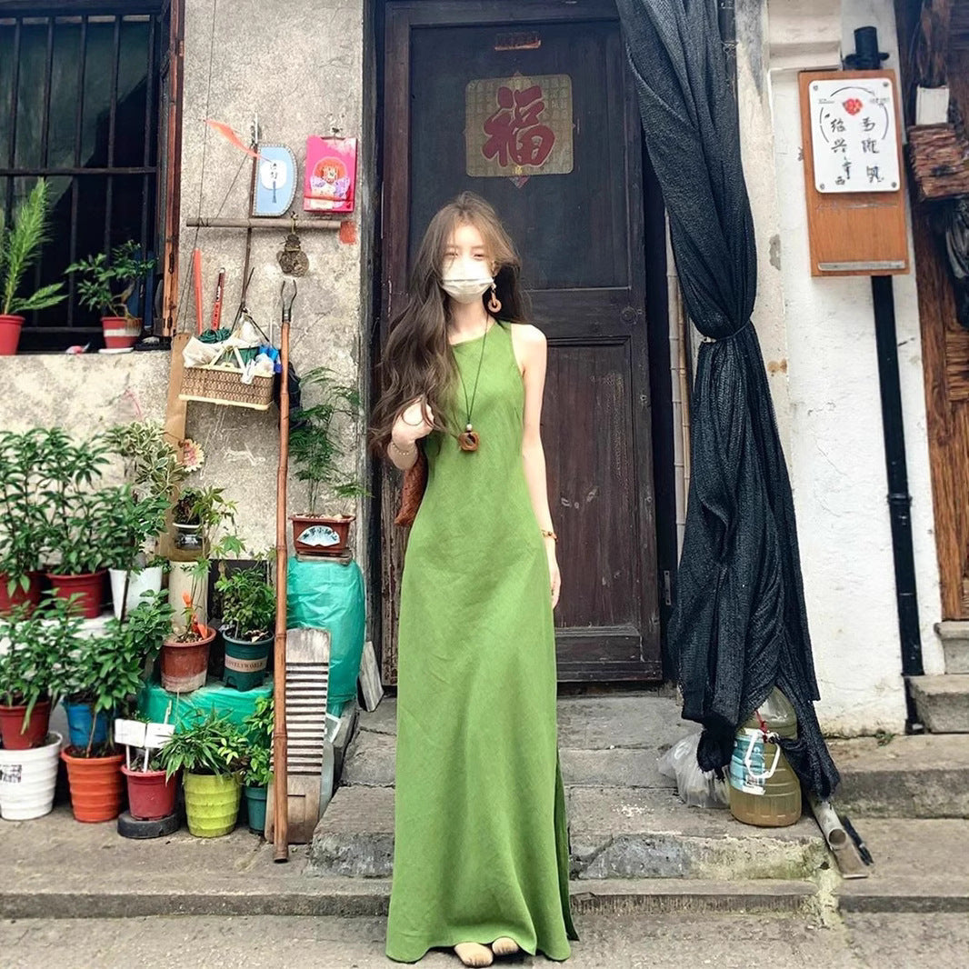 French Green Sleeveless Vest Dress LadyShow.Store