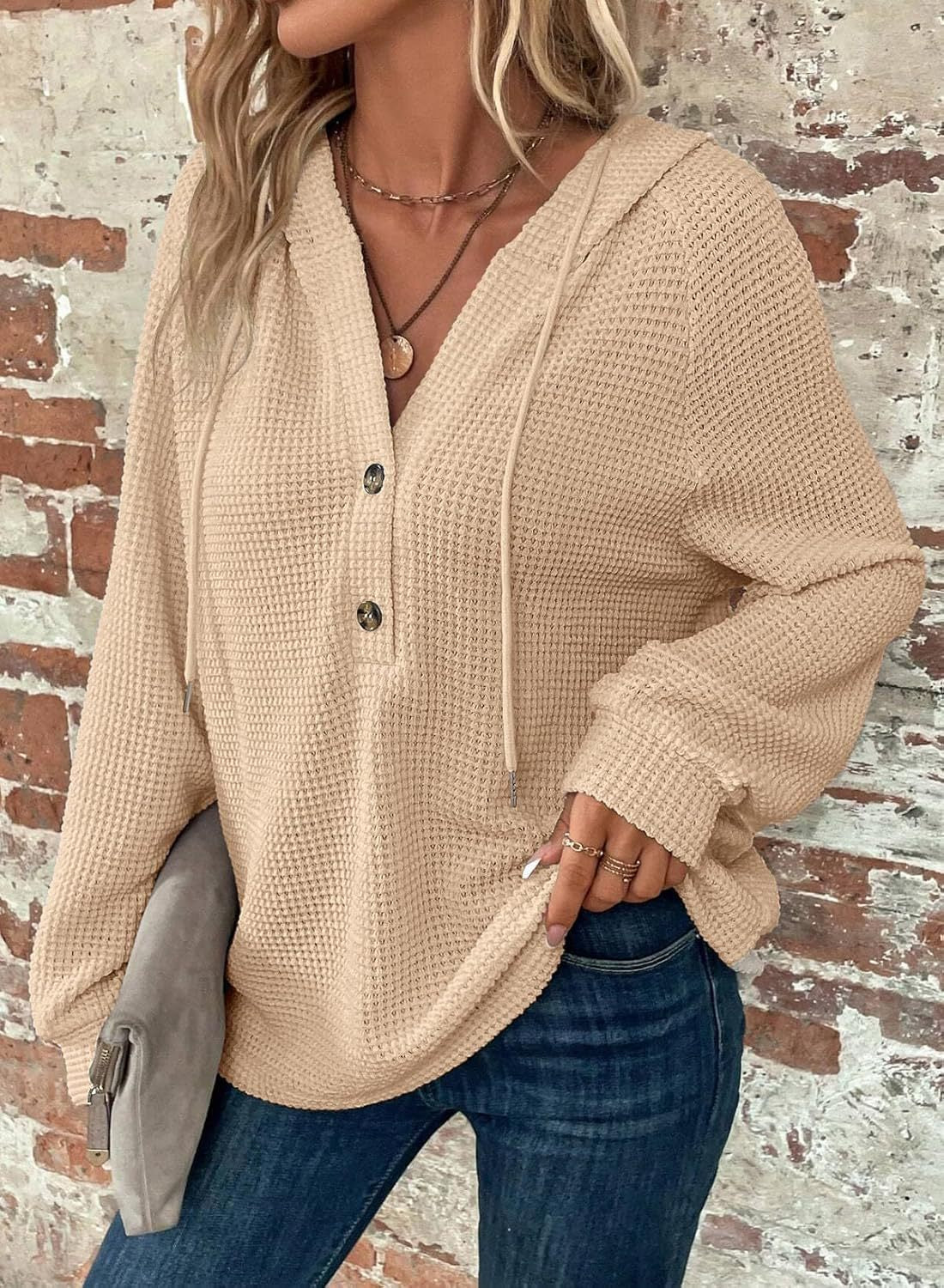 Waffle Hooded Sweater Sweatshirt Fashion Casual Long-sleeved Drawstring V-neck Buttons Top Women's Clothing NorixaFashion.com