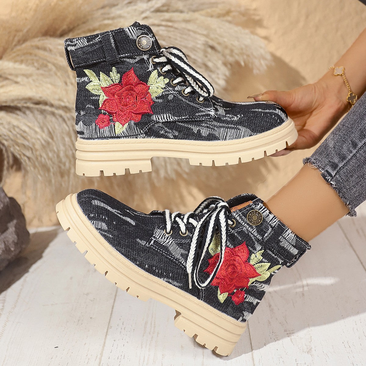 Lace-up Canvas Boots Fashion Rose Embroidered Shoes Round Toe Thick Heel Short Boot Women LadyShow.Store