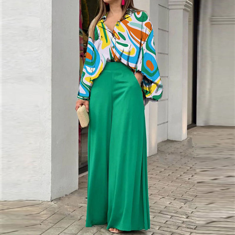 Loose And Elegant Casual Printed Shirt Top Wide Leg Pants Fashion Suit NorixaFashion.com
