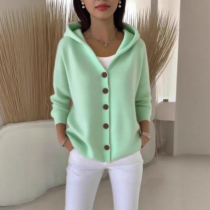 Ins Button Hooded Sweater Fashion Autumn And Winter Knitted Cardigan Casual Commuter Long Sleeve Top Women's Clothing NorixaFashion.com