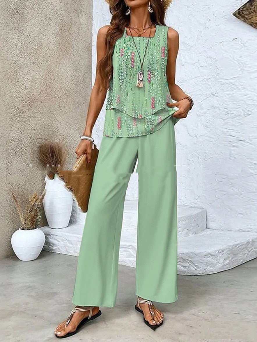 Print Suits Sleeveless Double-layer Vest And Loose Straight Pants Womens Clothing NorixaFashion.com