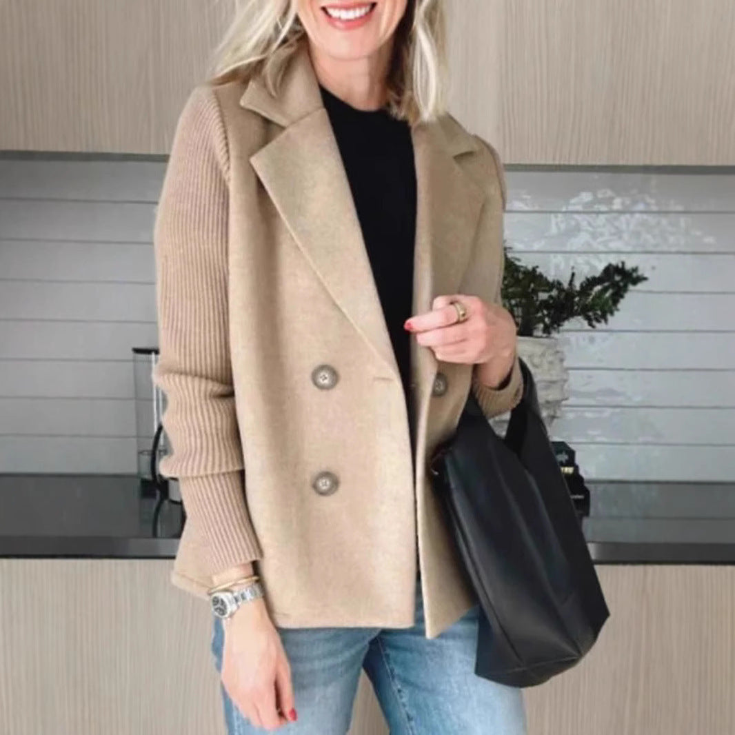 Double Breasted Lapel Jacket Fashion Knitted Sleeves Splicing Design Coat Outerwear Women's Clothing Best YouTube Store