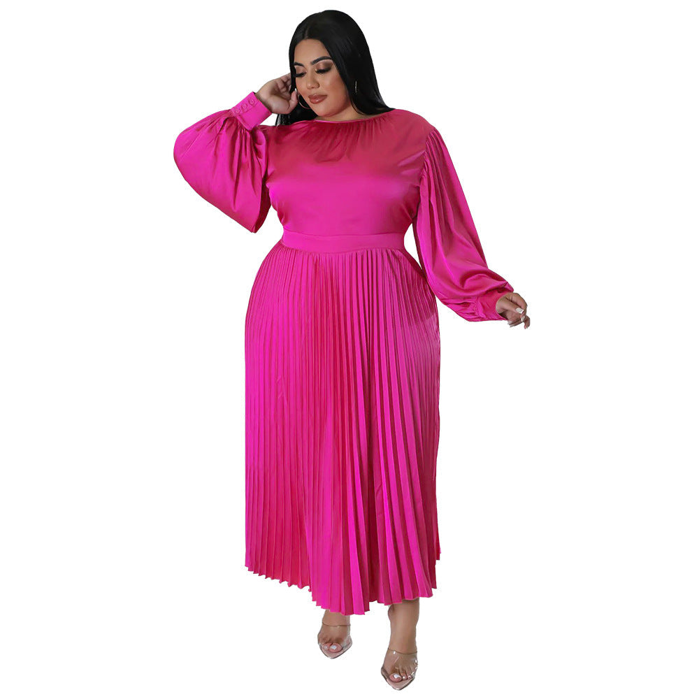 Pleated Round-neck Long Dress Women NorixaFashion.com