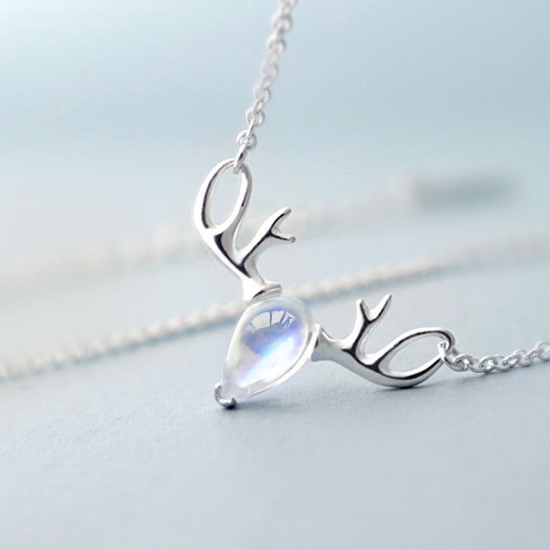 S925 Elk Necklace Forest Moonstone Pendant Clavicle Chain LadyShow.Store