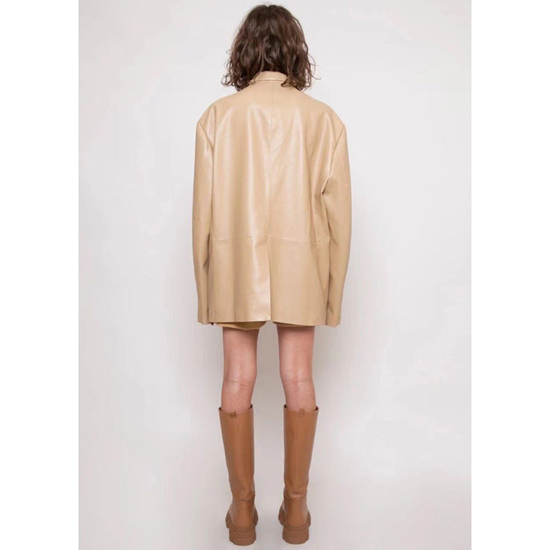 Women's Protein Leather Loose Profile Long-sleeved Cardigan Casual Jacket Best YouTube Store