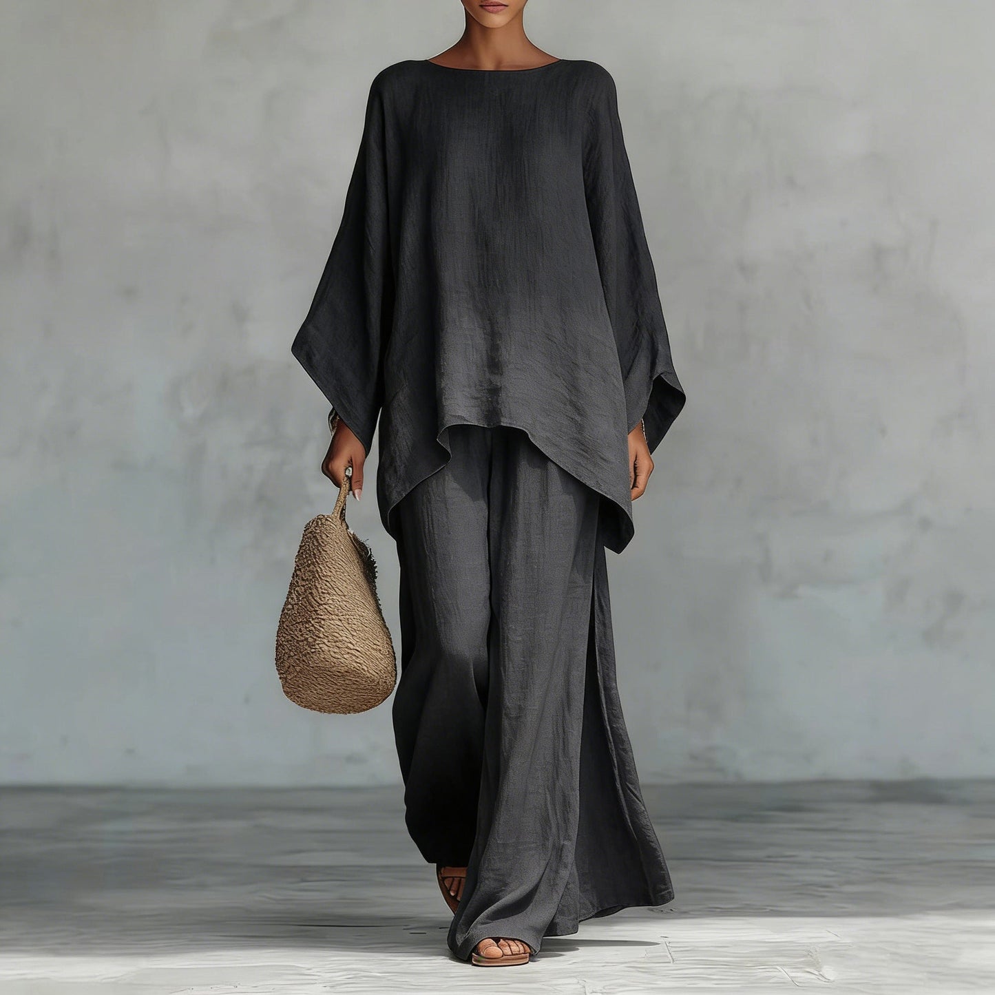 Casual 2-piece Set Loose Long-sleeved Wide-leg Trousers For Womens Minimalist Relaxed-fit Top And Wide-leg Pants Set For Daily Wear Work Vacation Outfits NorixaFashion.com