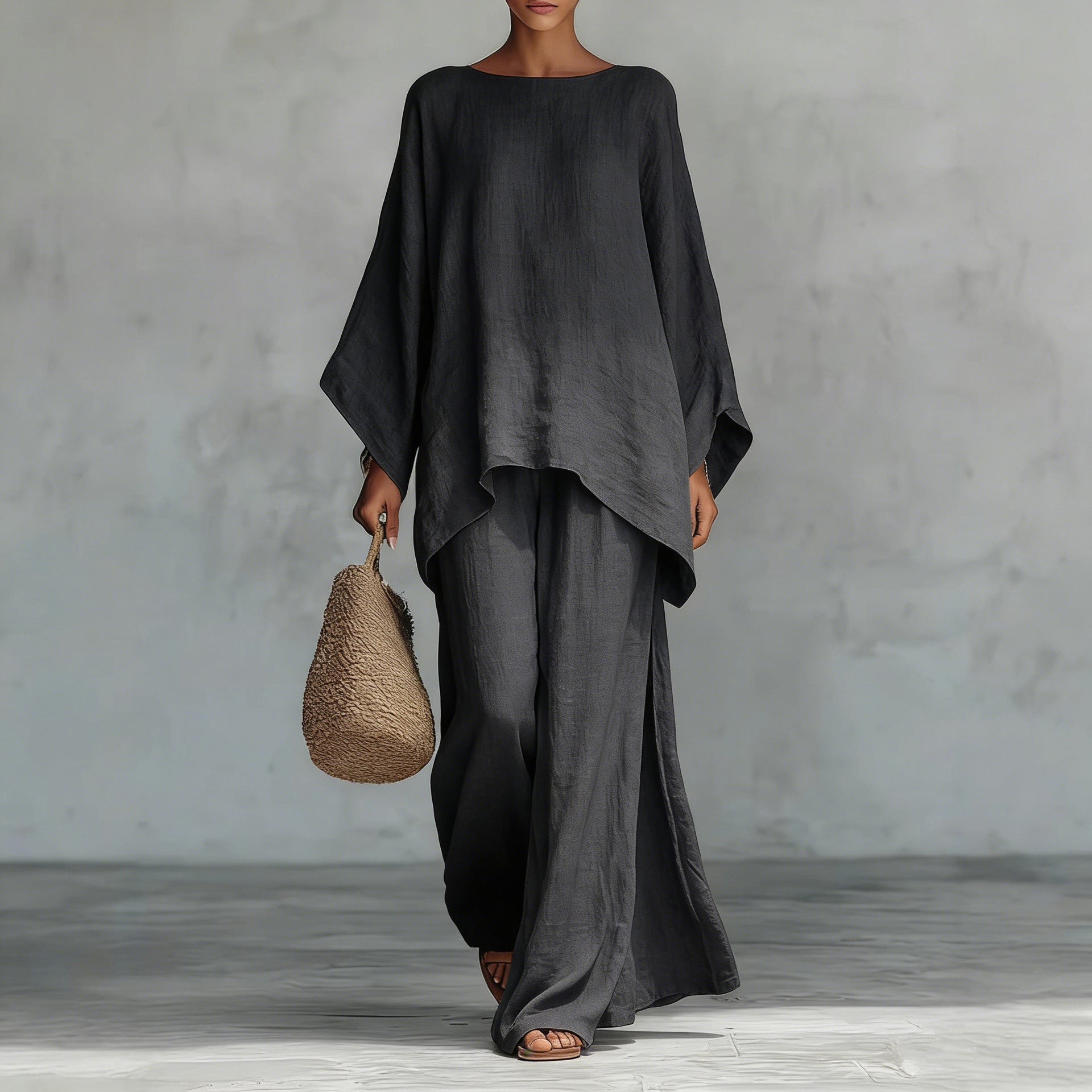 Casual 2-piece Set Loose Long-sleeved Wide-leg Trousers For Womens Minimalist Relaxed-fit Top And Wide-leg Pants Set For Daily Wear Work Vacation Outfits NorixaFashion.com