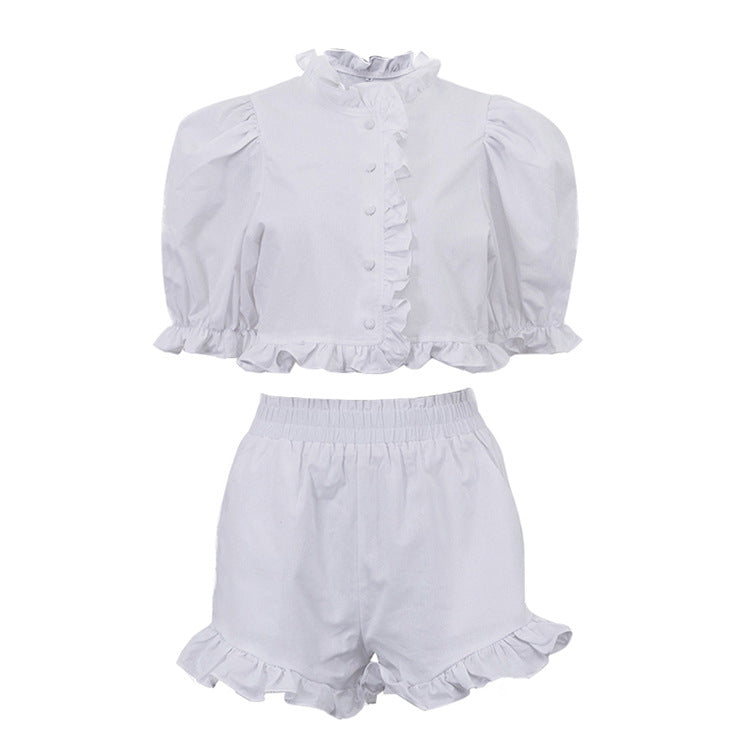 White Ruffled Linen-Blend Two-Piece Co-ord Set NorixaFashion.com