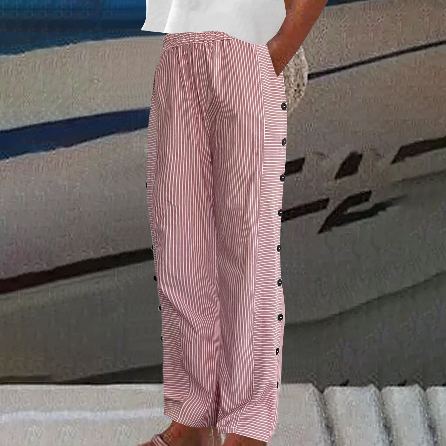Women's Striped Casual Trousers Lightweight  Blend Stretch Pants NorixaFashion.com