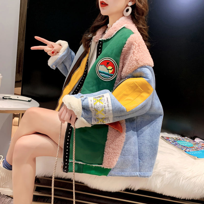 Women's Winter Loose Plus Size Lamb Wool Stitching Denim Coat Best YouTube Store
