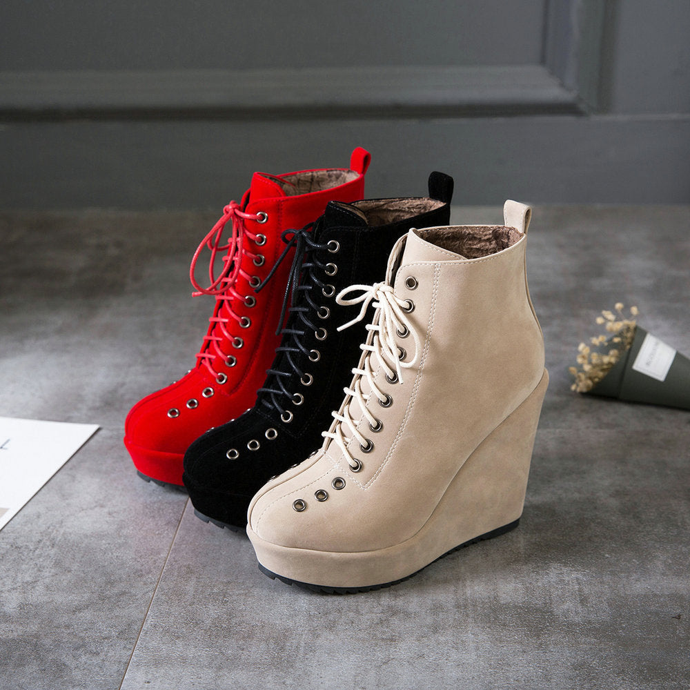 High-heeled Sponge Cake Was Thin Suede Lace-up Martin Boots Women LadyShow.Store