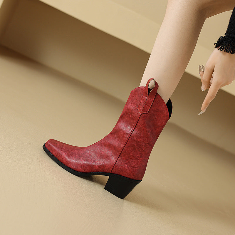 Retro Square-toe V-cut Mid-calf Boots With Chunky Heels LadyShow.Store