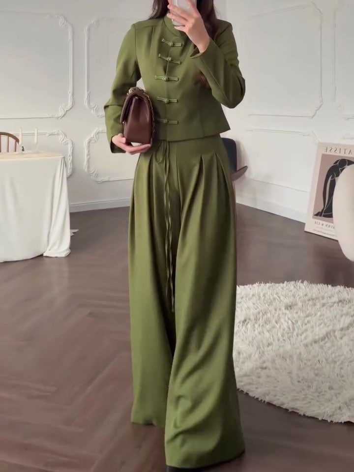 Mandarin Collar Knot Crop Top & Drawstring Wide Leg Pants 2-Piece Set NorixaFashion.com