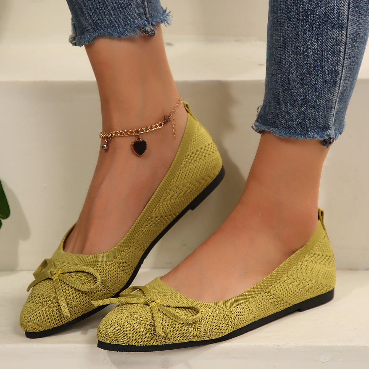 Bow Knitted Loafers Ins Fashion Pointed-toed Flats Shoes For Women CJD