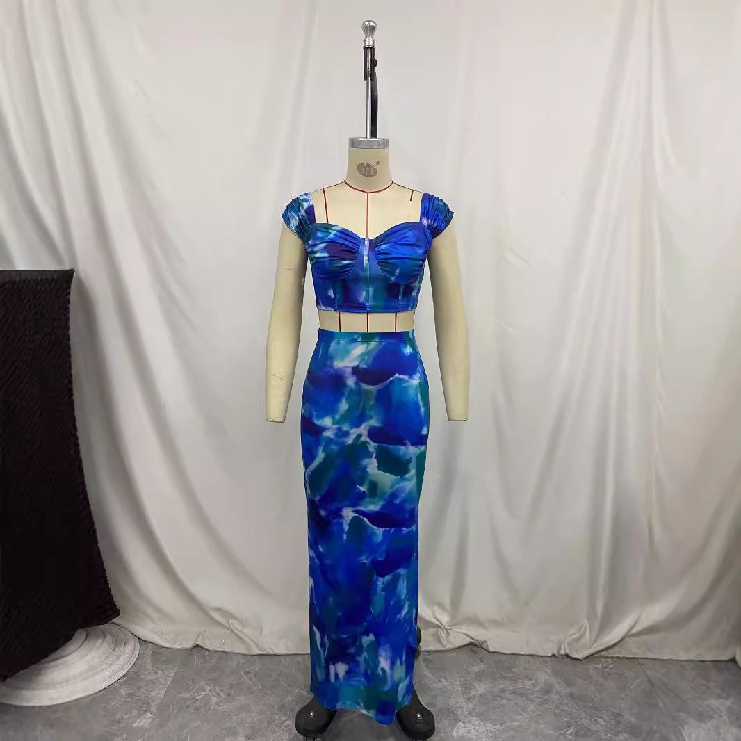 Printed Cropped Camisole With Straps Figure-hugging Sheath Maxi Skirt LadyShow.Store