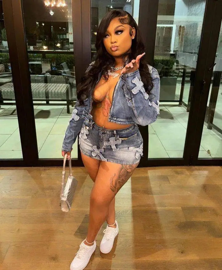 Denim Embroidered Skirt & Jacket Set Pi-Mart