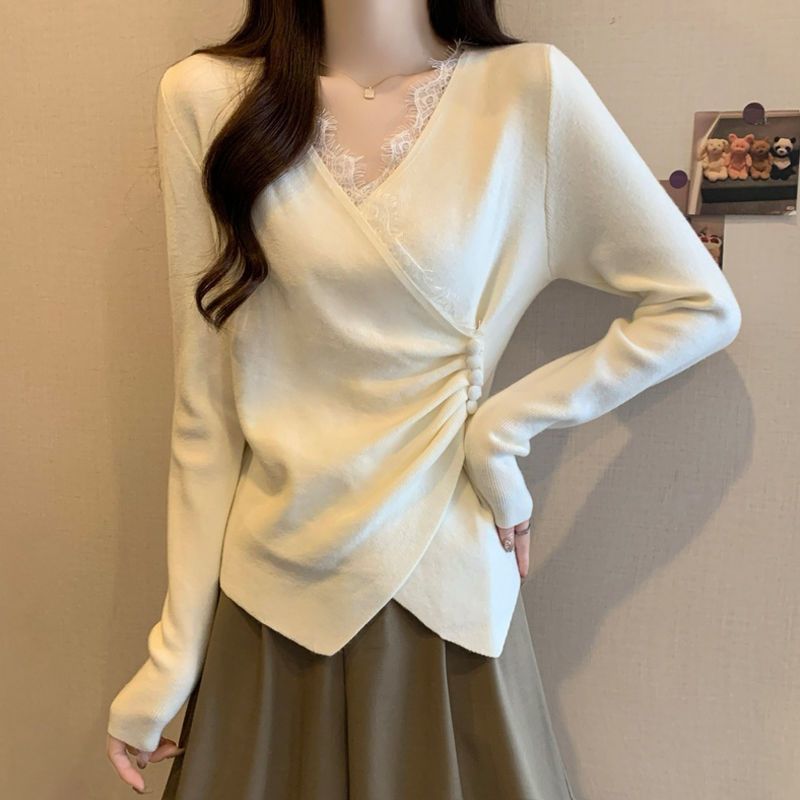 Irregular Cross-feel Lace Spliced V-neck Long Sleeve T-shirt LadyShow.Store