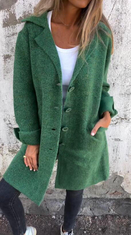 Lapel Single Breasted Cardigan With Pockets Fashion Color Solid Mid-Length Outwear Coat Womens Clothing LadyShow.Store