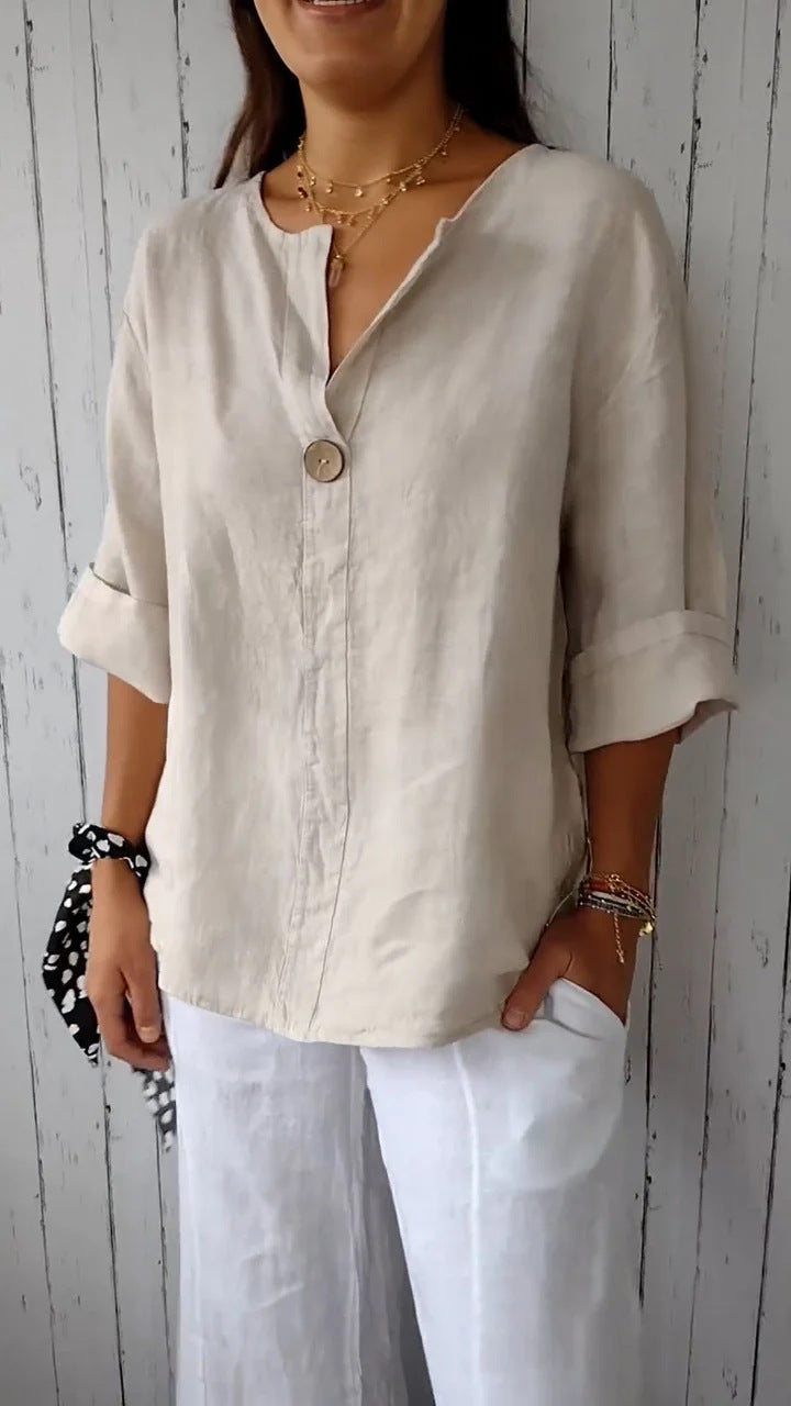 V-neck Long-sleeved T-shirt Fashion Loose Cotton And Linen Button Tops For Women NorixaFashion.com