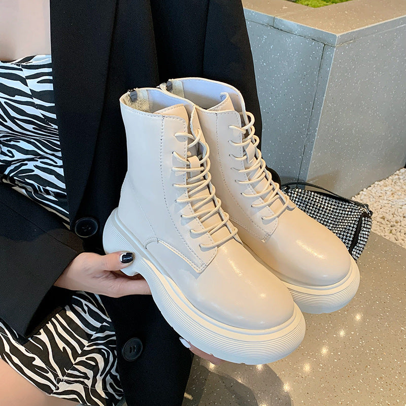 Leather Round Toe Chunky Heel Lace-up Martin Boots LadyShow.Store