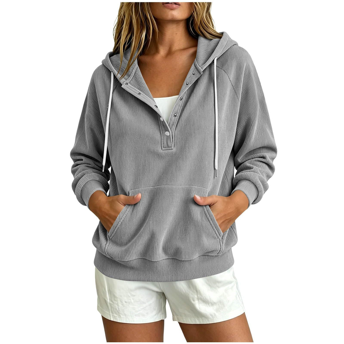 2026 Autumn New Style European Women's Dressy Corduroy Hooded Sweatshirt With Half-Closed Button And Drawstring Loose Top For Women NorixaFashion.com