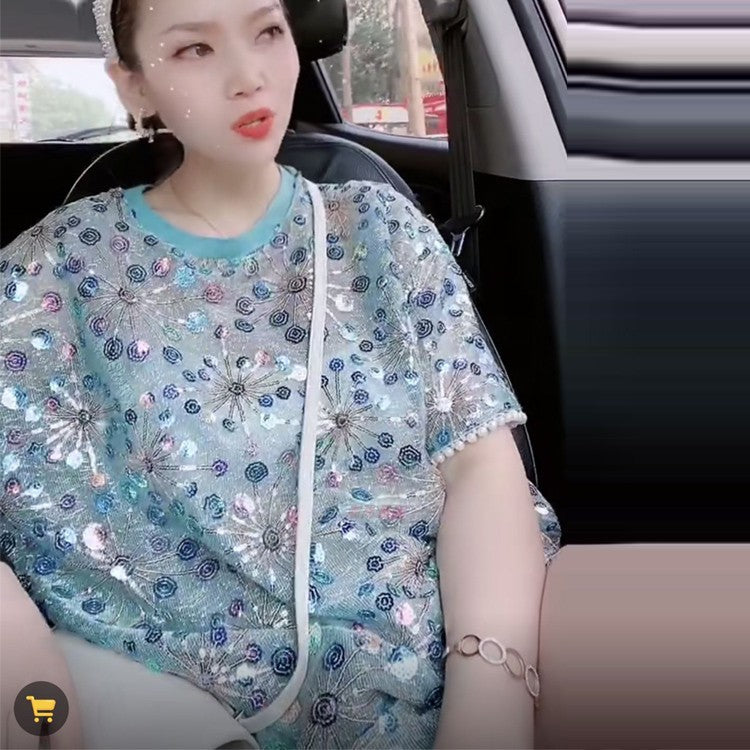 European Summer Loose Sequin Short Sleeve T-Shirt Pi-Mart