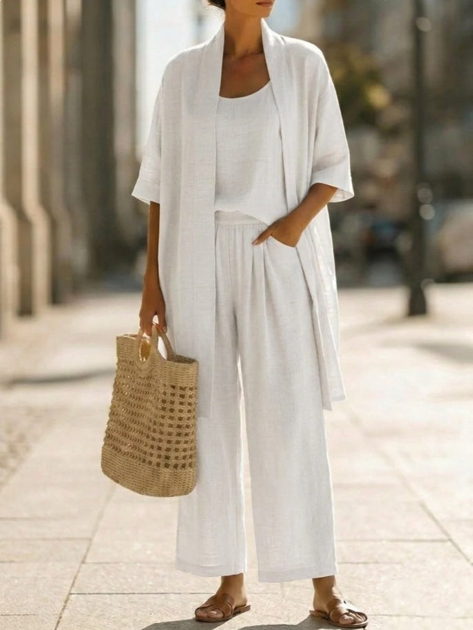 Three-piece Suit Women's Mid-length Cardigan Tank Top And Straight-leg With Pockets Fashion Trousers Set NorixaFashion.com