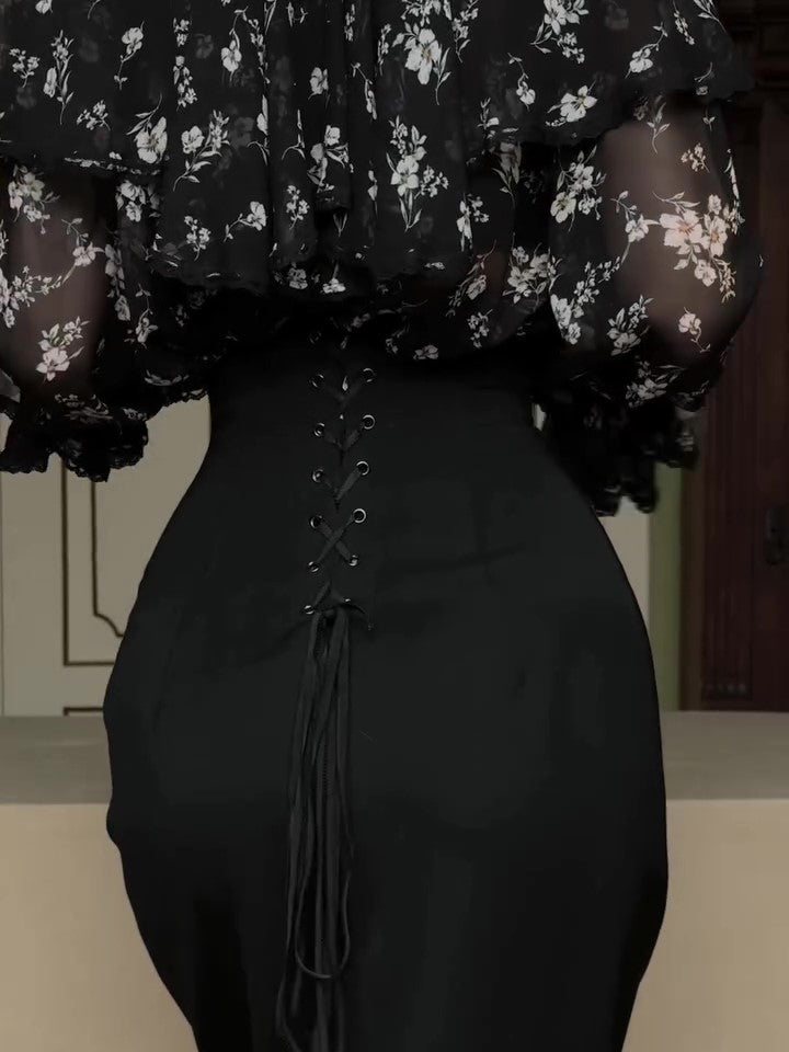 Black Floral Chiffon Overlay & Bodycon Midi Skirt 2-Piece Set With Tassel Belt NorixaFashion.com