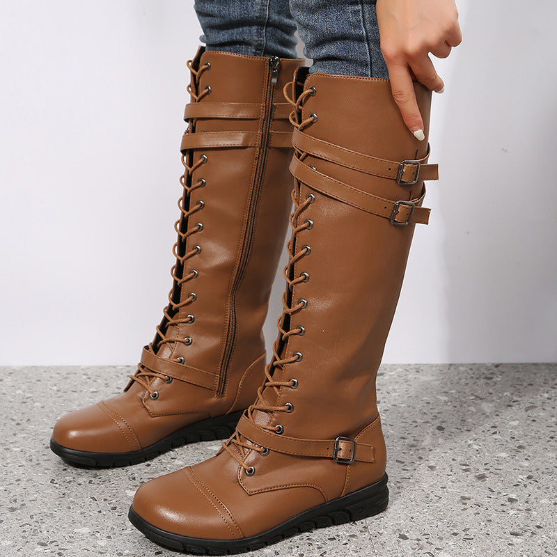 Round Toe Front Lace-up High Tube Side Zipper Knight Boots LadyShow.Store