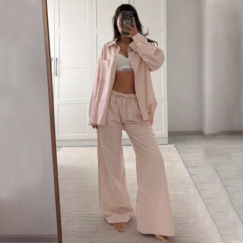 Fashionable Striped Casual Simple Womens Long-Sleeve Top And Pants Loose Set NorixaFashion.com