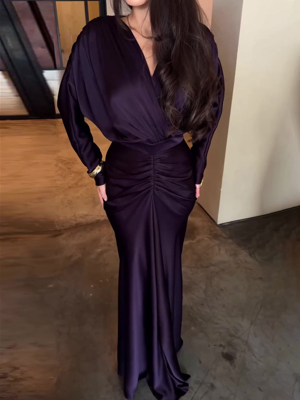 Plum Satin Maxi Dress With Wrap Front And Ruched Detail NorixaFashion.com