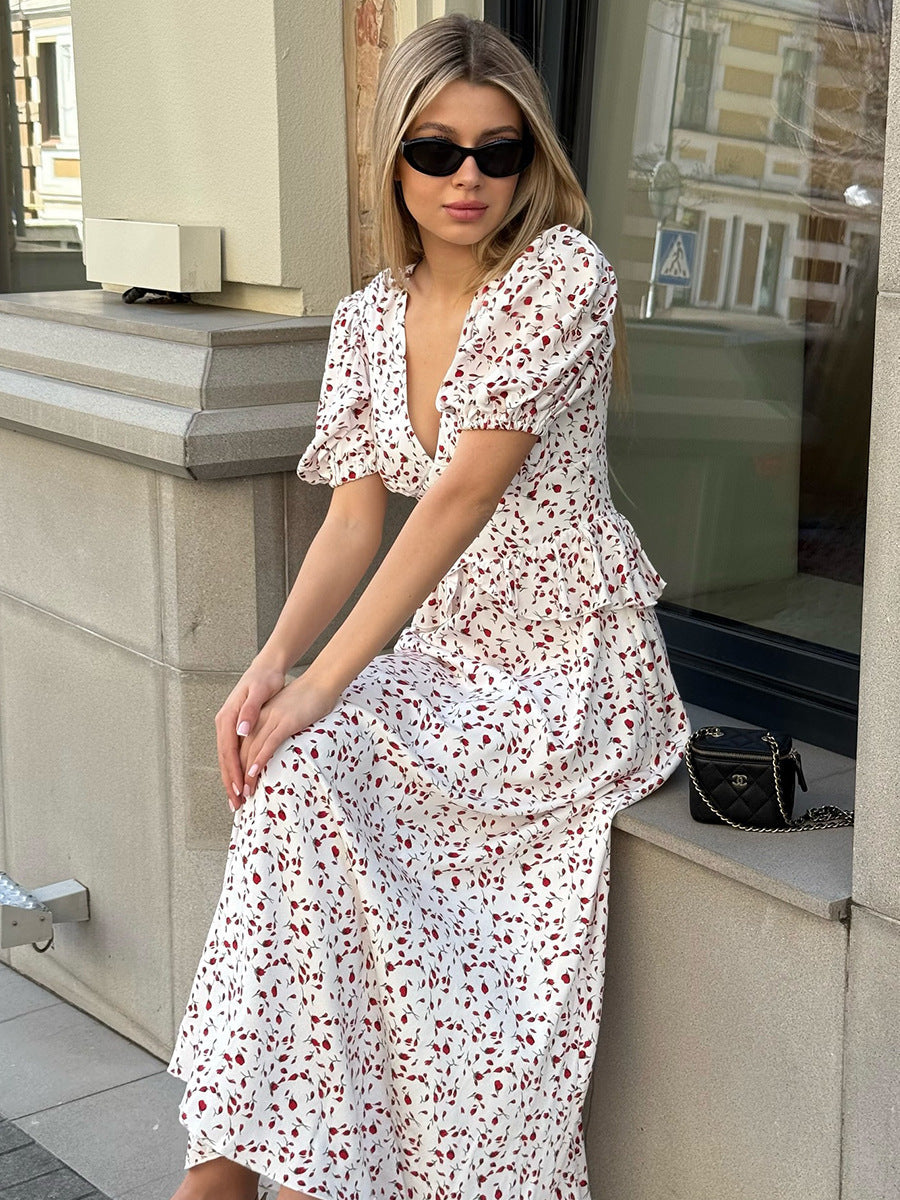 Printed Waist-cinching Puff Sleeve Dress NorixaFashion.com