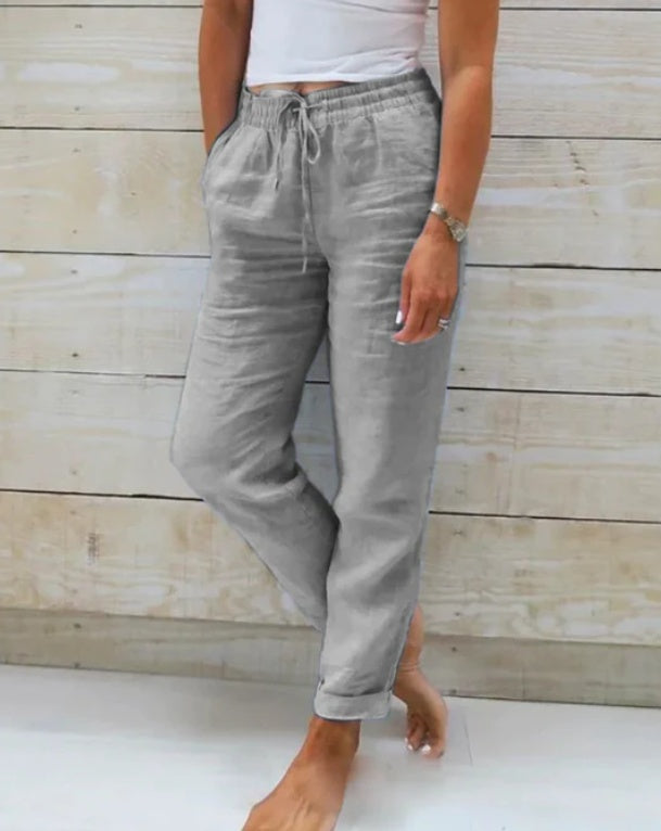 Elastic Waist Solid Cotton Hemp Pants NorixaFashion.com