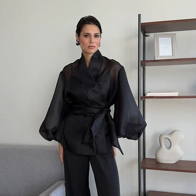 Black Sheer Puff Sleeve V-neck Tie-front Top NorixaFashion.com
