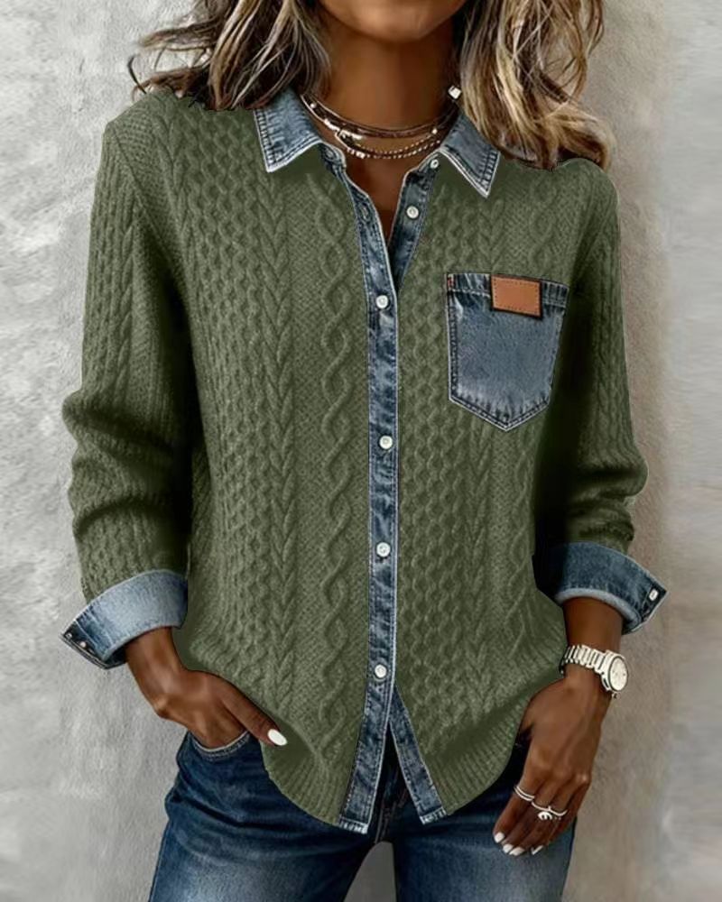 Stylish, Versatile Knitted Patchwork Denim Shirt For Women NorixaFashion.com