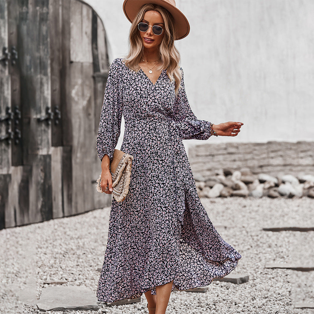 Autumn And Winter Floral Dress With Chest Wrap And Tie Large Swing Skirt Leisure Holiday Style LadyShow.Store