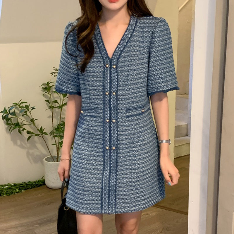 Metal Single Breasted Denim Dress Women NorixaFashion.com