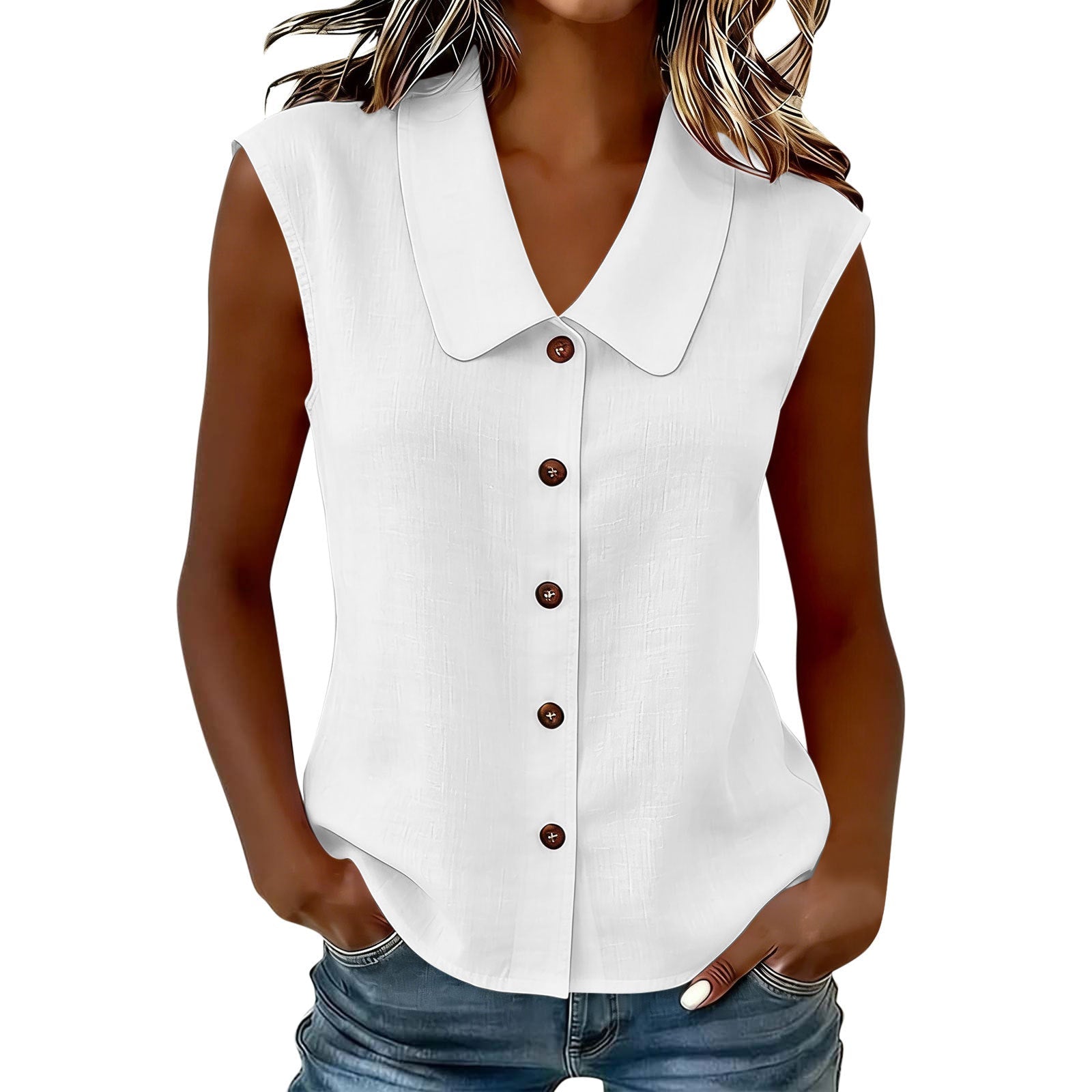 Womens Polo-neck Sleeveless Button-up Cardigan Top NorixaFashion.com