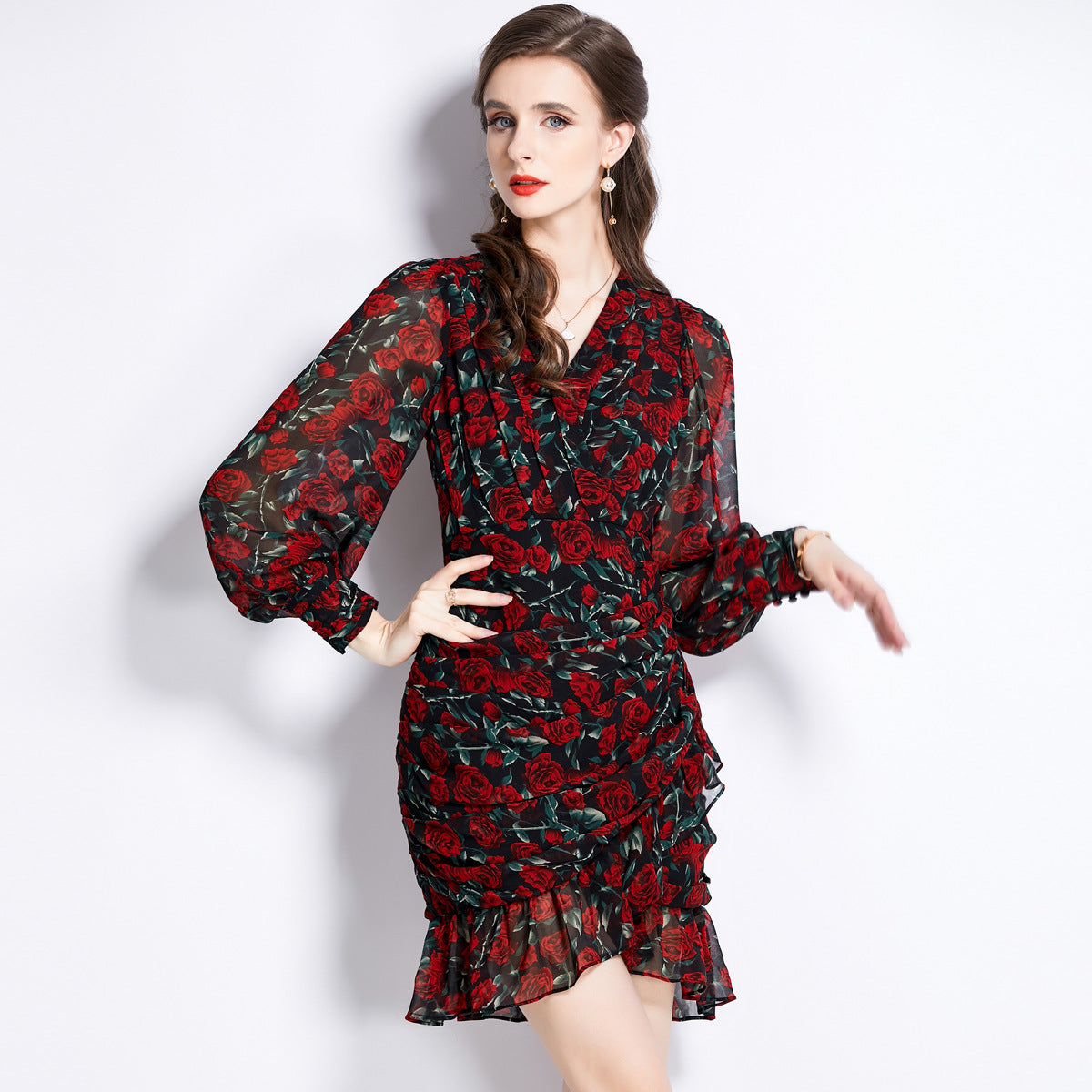 Printed Chiffon Fishtail Dress Women NorixaFashion.com